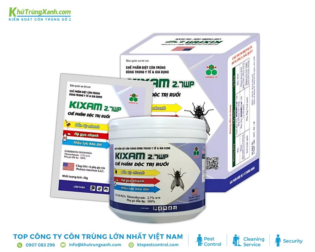Thuốc diệt ruồi Kixam 2.7WP có dạng bột hòa tan trong nước, dễ dàng pha chế và sử dụng