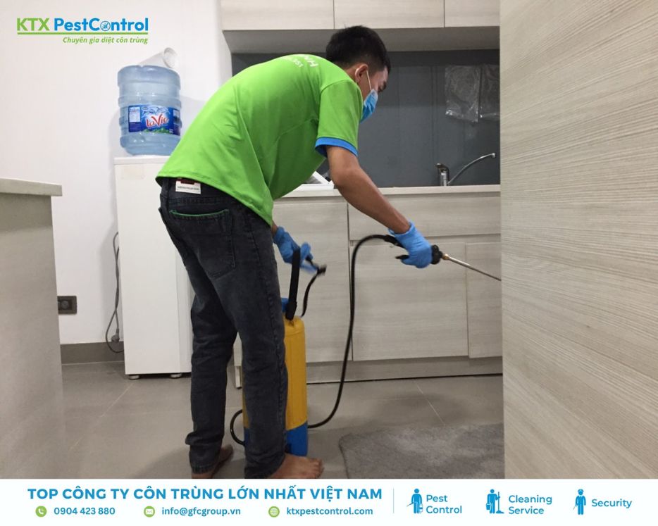 Nhân viên đang thực hiện dịch vụ diệt mối Thường Tín trong nhà bếp